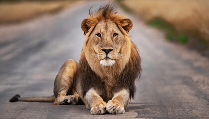 lion sitting on the road and looking to the camera