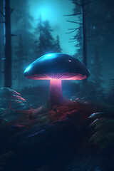 There are magic neon mushrooms in the middle of a forest landscape.