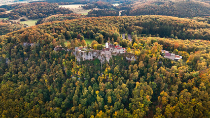 Fototapeta na wymiar Aerial drone view medieval Lichtenstein castle on mountain, autumn Baden-Wurttemberg, Germany.