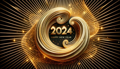 2024 New Year, Happy New year abstract golden ornament, gold glittery swirl. Golden Beginnings: Welcoming 2024. Generative AI - obrazy, fototapety, plakaty