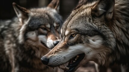 Two wolves are fighting in the forest. Close-up portrait. Wildlife concept with a copy space.