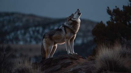 A Coyote searches for a meal on a rock in the desert. Wildlife concept with a copy space.