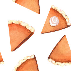 Watercolor pumpkin slice pie, orange seamless pattern, traditional dessert for Thanksgiving dinner. Hand-drawn illustration isolated on white background. Perfect for menu, cooking, packing, card