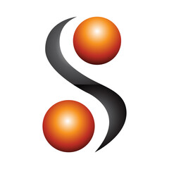Orange and Black Glossy Letter S Icon with Spheres