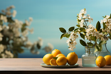 A wood table, tabletop product display with a spring sky and lemon background for seasonal, spring images. AI generative