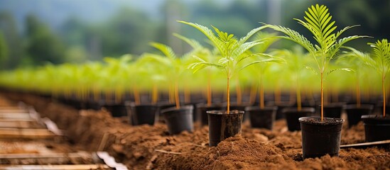 Young palm oil tree in nursery awaiting relocation - obrazy, fototapety, plakaty
