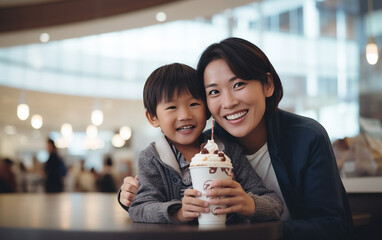 Asian mother with her son are eating ice cream in the mall