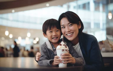 Fotobehang Asian mother with her son are eating ice cream in the mall © Malchevska Studio