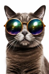 Gray cat in green large round sunglasses, on white background