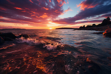 the sky is painted in a spectrum of warm colors, such as orange, pink, and purple. AI generative