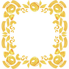 A square frame of different types of Italian pasta for designing menus, certificates and booklets, and advertising cafes. Isolated watercolor illustration. Clipart.