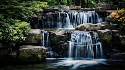a cascading waterfall with water-worn stones, their surfaces glistening as they are perpetually bathed in the cool, refreshing flow