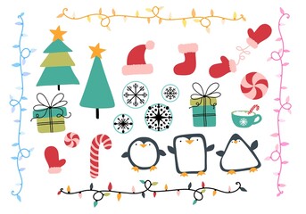 Christmas animals set penguin and gloves and snowflakes and tree and toys pattern for wrapping paper