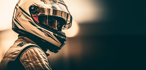 Car driver in a racing helmet waiting for the race, copy space