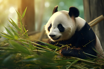 a panda bear eating leaves from a tree