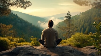 Naklejka na ściany i meble Man Practicing Mindfulness and Meditation in A Peaceful Natural Environment 