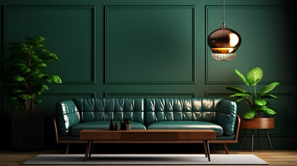 Front view of modern luxury living room. Emerald wall, hardwood floor, comfortable leather sofa, coffee table, floor lamps, plants in pots, home decor. Mockup