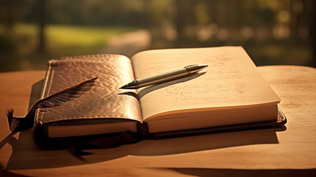 a compelling image of a leather-bound journal with a ballpoint pen resting on its blank pages, inviting thoughts, ideas, and dreams to be transcribed onto its inviting canvas