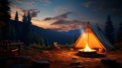 A cozy campsite in the wilderness, with a tent pitched beside a crackling fire.