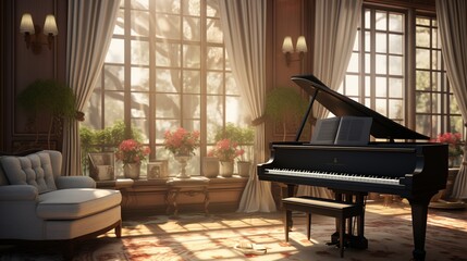 a cozy music room with a grand piano and an open window, where melodies dance with the curtains in the breeze, invoking a sense of serenity