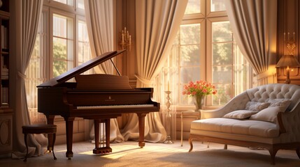 a cozy music room with a grand piano and an open window, where melodies dance with the curtains in...