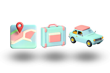 travel 3D icons set, map,car and suitcase