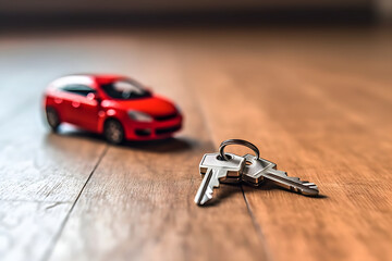 Set of keys wooden floor with car toy on blurred background