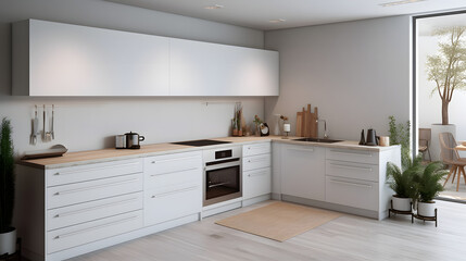 Interior of modern kitchen with white counters, oven and sink