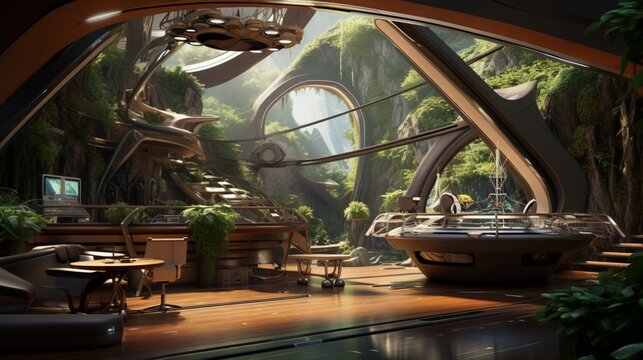 a futuristic space station interior with wooden accents, where technology and nature harmoniously coexist in the realm of the cosmos