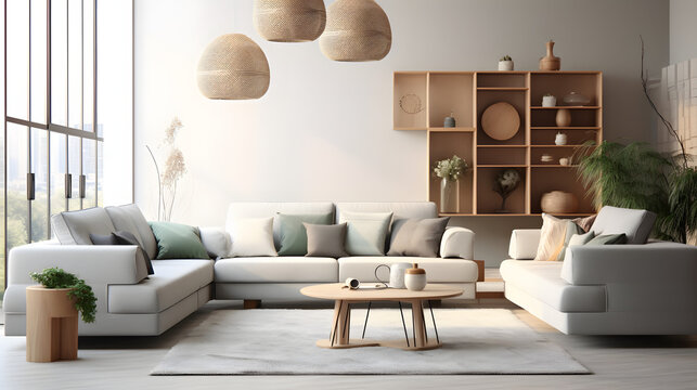 Interior of stylish living room with cozy grey sofas and coffee table on soft carpet