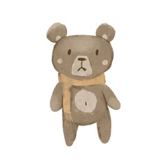 Cute teddy bear drawn in watercolor, children's illustration isolated on white background