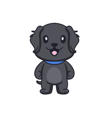 Cute little black puppy dog ​​standing smiling, isolated on a transparent white background