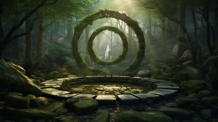 a mesmerizing forest glade with ancient stones arranged in a circular formation, invoking a sense of sacredness and connection with nature - obrazy, fototapety, plakaty