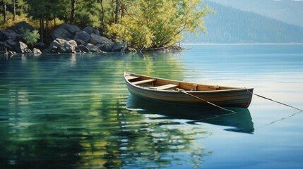 a peaceful lakeside scene with a wooden rowboat on a calm, reflective surface, the craftsmanship of the boat showcased in the clear waters