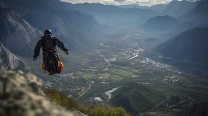 Skydiving in the mountains. A skydiver with a backpack descends from a cliff. Sport concept with a copy space.