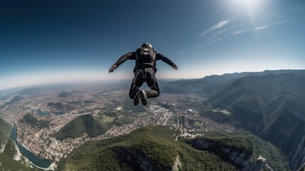 Skydiving in the mountains. Shot of a skydiver in a free fall. Sport concept with a copy space.