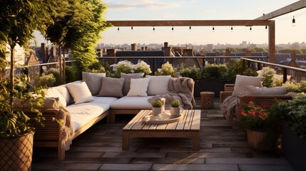 a rooftop garden with a chic outdoor sofa, providing a lush escape from the urban hustle and bustle