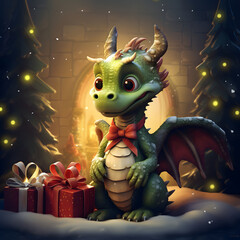 New Year's picture of a dragon with gifts