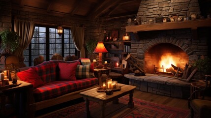 a rustic cabin interior with a plaid sofa, a stone fireplace, and a warm, inviting atmosphere