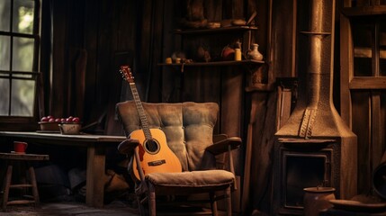 a rustic cabin interior with a well-worn guitar leaning against a wooden chair, telling stories of past tunes and cozy evenings