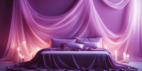 surreal bedroom with crazy purple fabrics on the wall