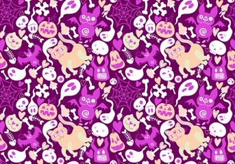 Halloween cat and pumpkins seamless ghost and skulls and poison pattern for wrapping paper and fabrics