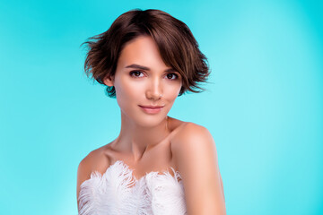 Photo of gorgeous pretty charming lady in feather dress enjoy celebration event over blue color...