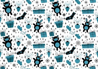 Christmas doodle animals seamless gift box and gloves and bears and socks pattern for wrapping paper and fabrics