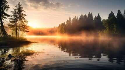 a serene lake at sunrise, with mist gently rising from the water, casting a tranquil ambiance. --ar 16:9
