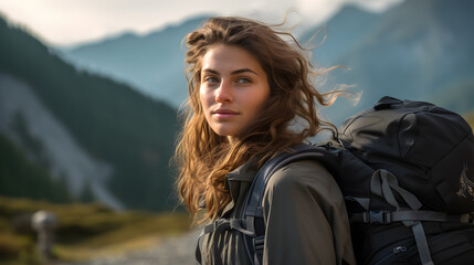 Portrait of young woman hiking a mountain, traveling with bicycle and backpack on a rural mountain country side