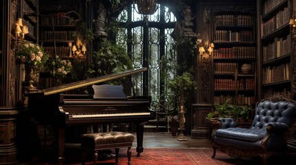 a serene library with a grand piano taking center stage, where melodies intermingle with the rustling of pages and the scent of old books - Powered by Adobe