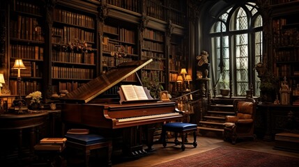 a serene library with a grand piano taking center stage, where melodies intermingle with the rustling of pages and the scent of old books - obrazy, fototapety, plakaty