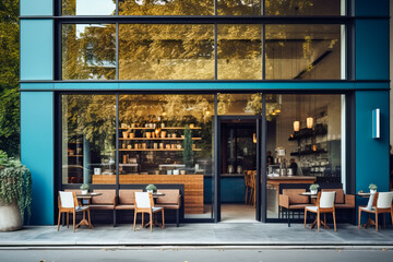 Modern cafe exterior with glass windows, showcasing interior through glass and outdoor seating.