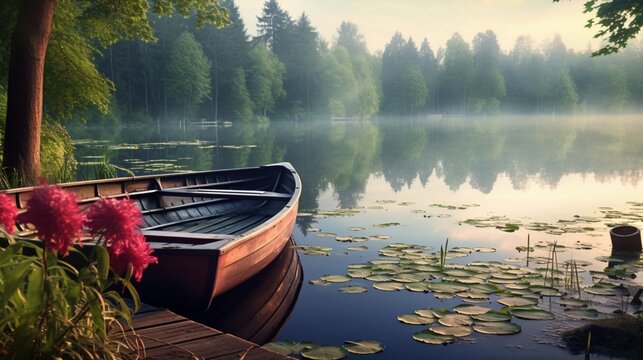 A serene lakeside scene with a rowboat anchored by a wooden dock.
